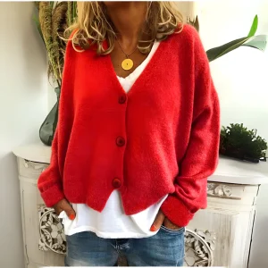 Blauwe, zachte gebreide, relaxte cardigan voor dames