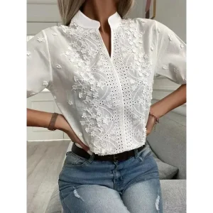Amelune – Zomerse Witte Blouse met Borduurwerk en V-Hals