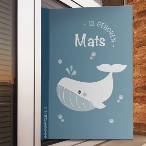 Geboortebord blauwe walvis voor op het raam