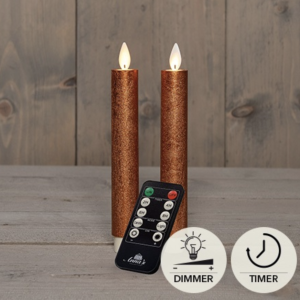 LED kaarsen met bewegende vlam 2x – 18cm klein – Koper – Copper – Afstandsbediening – Timer – Dimmer – Dinerkaars rustiek wax – LED kaars batterij