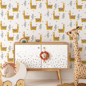 Sweet lama behang okergeel voor de kinderkamer