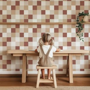 Behang met ruitjes in naturel tinten voor de kinderkamer