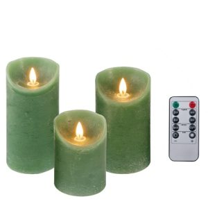 Foryouliving – LED kaarsen met bewegende vlam 3x – Groen – Green – Afstandsbediening – Stompkaars rustiek wax – LED kaars batterij – Timer – 7.5 x 10 12.5 15 cm