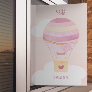 Geboortebord met luchtballonnen in roze