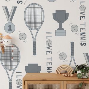 Stijlvol tennis behang voor de kinderkamer in wit