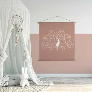 XL textielposter pauw in oudroze linnen look